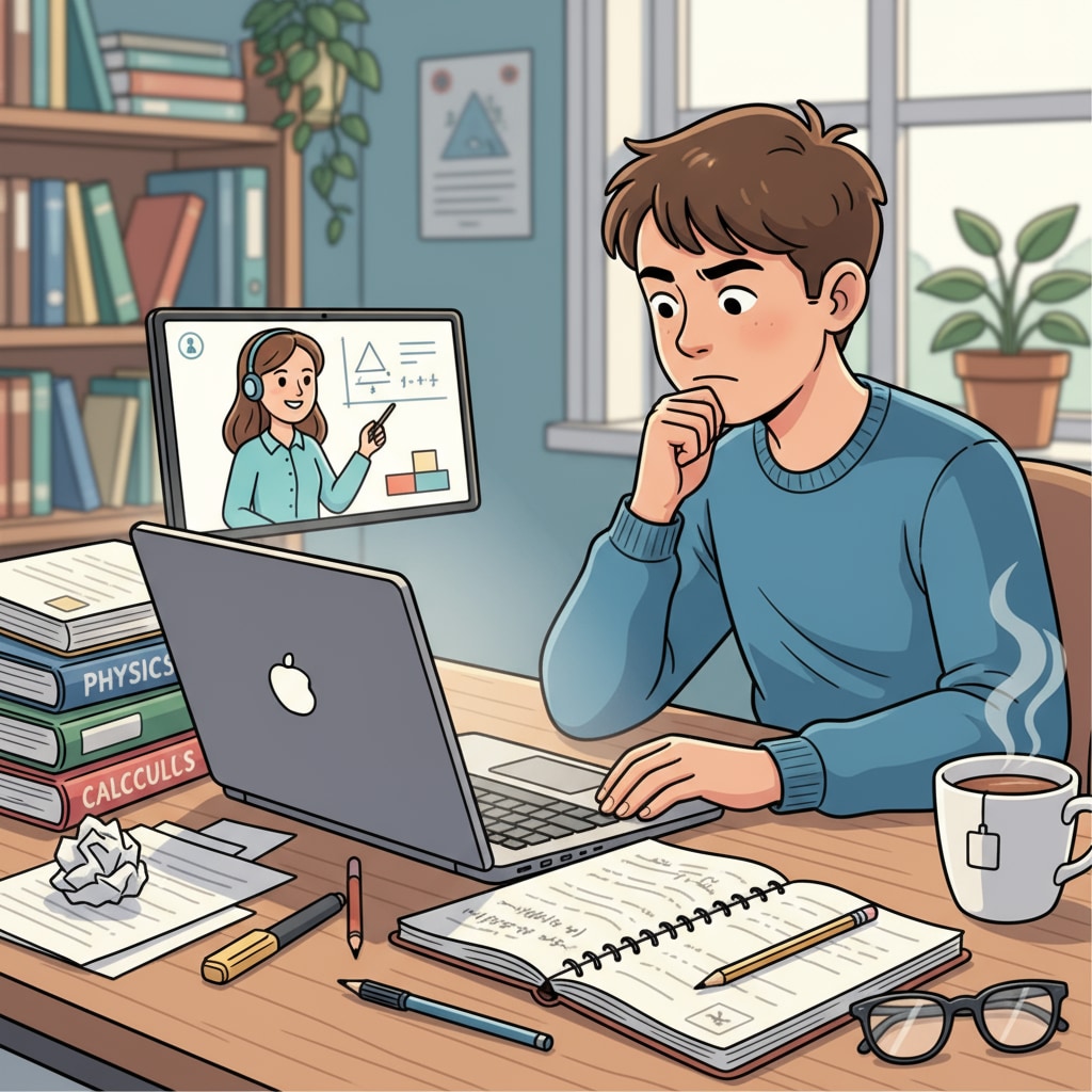 A student attentively studying in an online class, focusing on the screen with various study materials beside. A student maintaining focus and productivity during an online school session, while also taking care of mental well-being and avoiding procrastination.