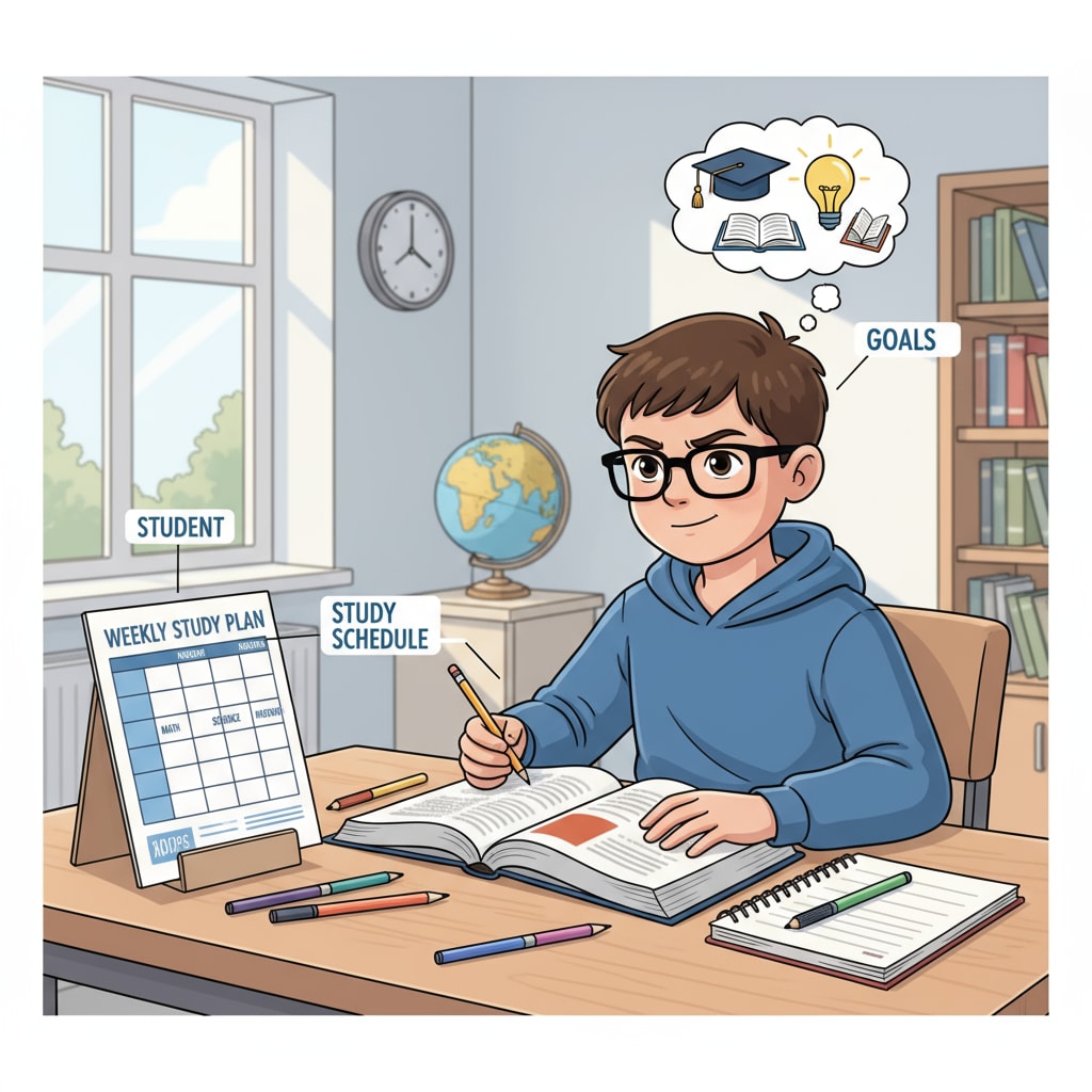 A student sitting at a tidy desk, following a study schedule with a determined look. A student demonstrating self-discipline and productivity in an online school setup, with a focus on mental health and overcoming procrastination.