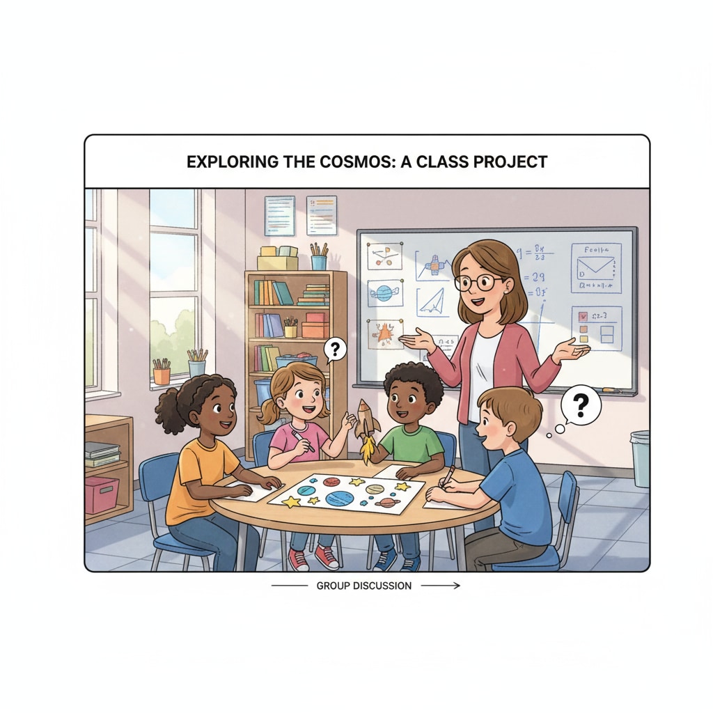 A classroom scene in an American K12 school where students are actively engaged in a group discussion about a project, showing the interactive and exploratory nature of American education. Classroom scene in an American K12 school related to US and Chinese education systems and learning pressure