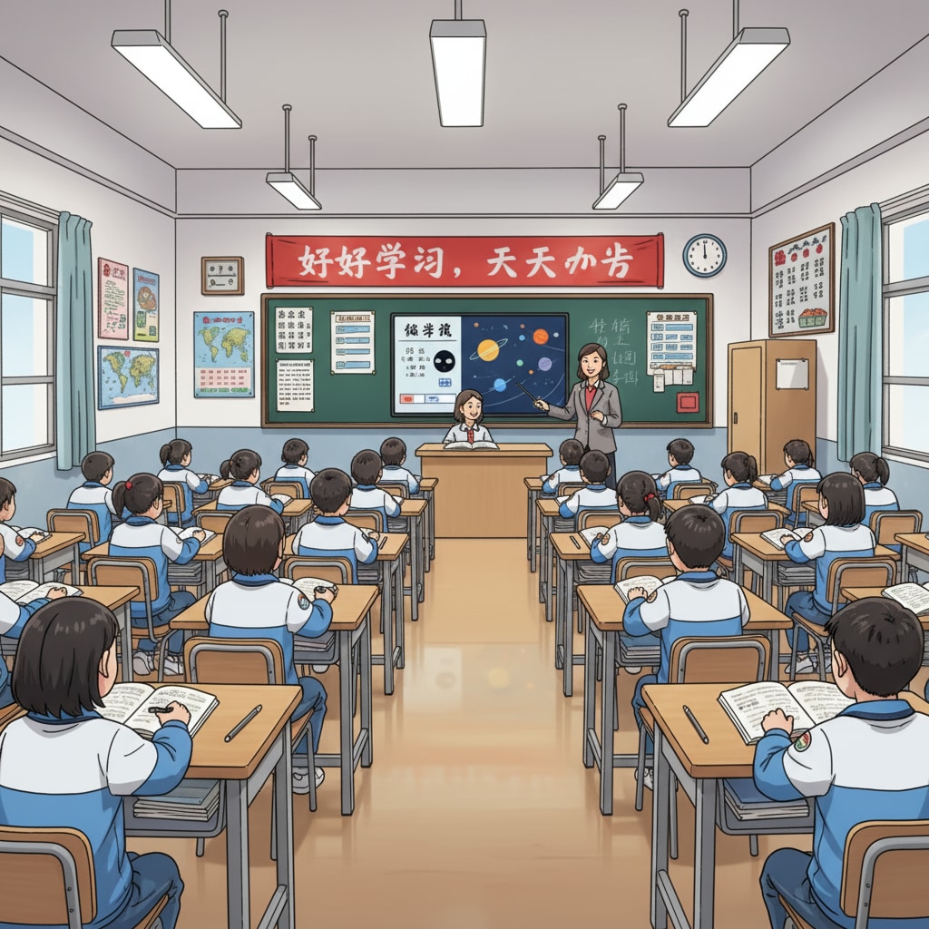 A Chinese K12 classroom where students are sitting at their desks, listening attentively to the teacher, highlighting the structured learning environment in Chinese education. Chinese K12 classroom scene associated with US and Chinese education systems and learning pressure