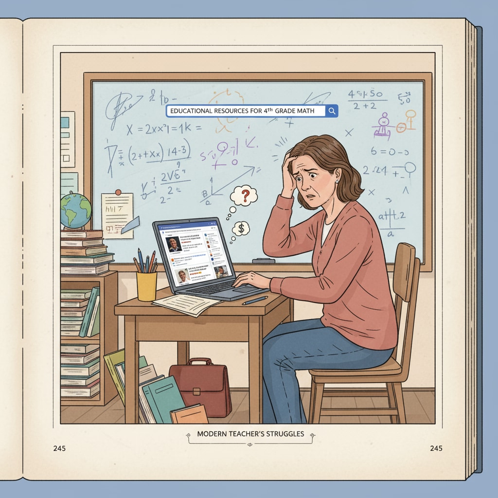 A teacher is sitting at a desk, looking frustrated while trying to find educational resources on Facebook. A teacher looking frustrated while trying to find educational resources on Facebook