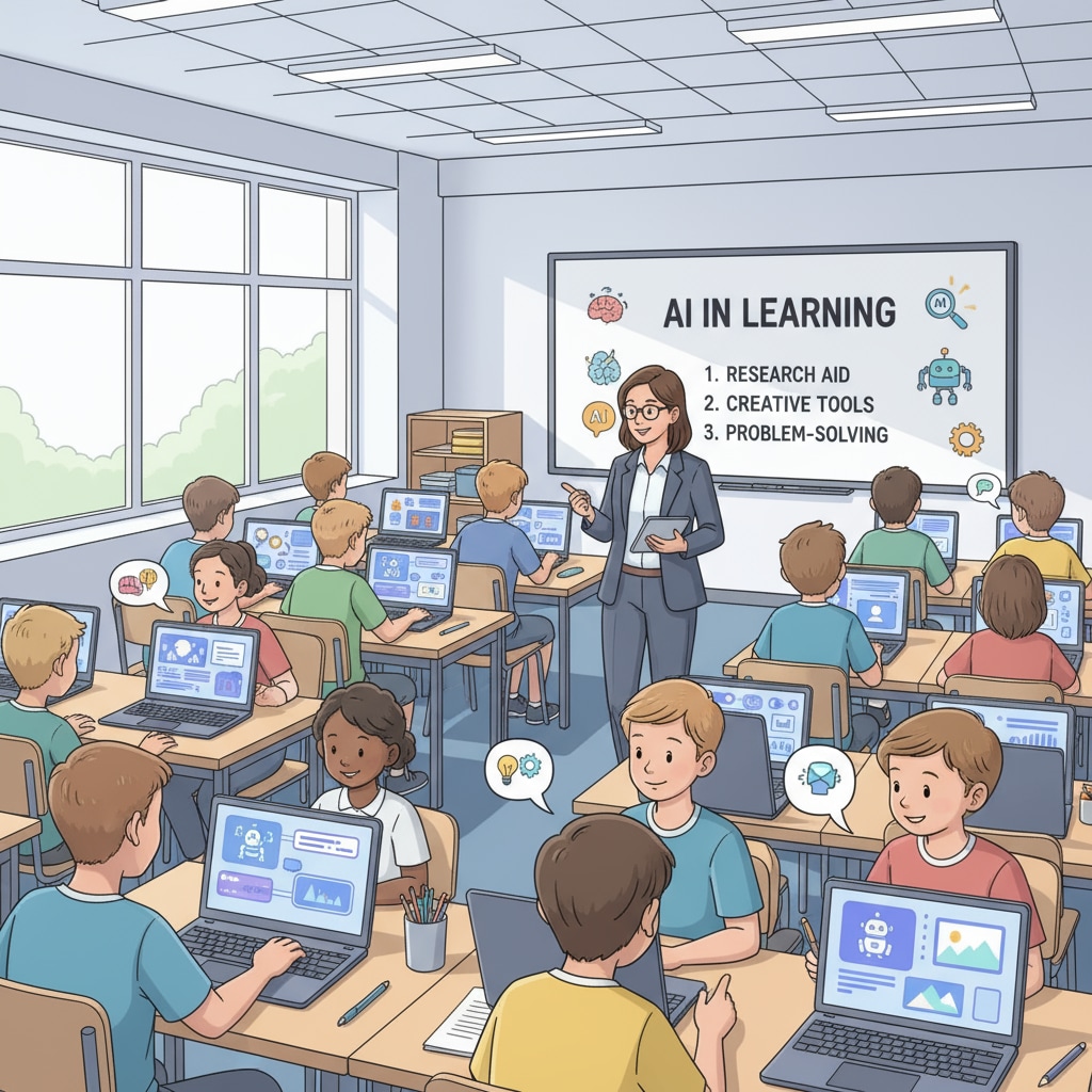 Students are shown using AI tools in a classroom, with a teacher walking around and observing. The students have laptops open, and some are engaged in discussions while looking at the AI - generated content on their screens. K12 students using AI tools in a classroom setting with academic integrity and moral dilemmas in question