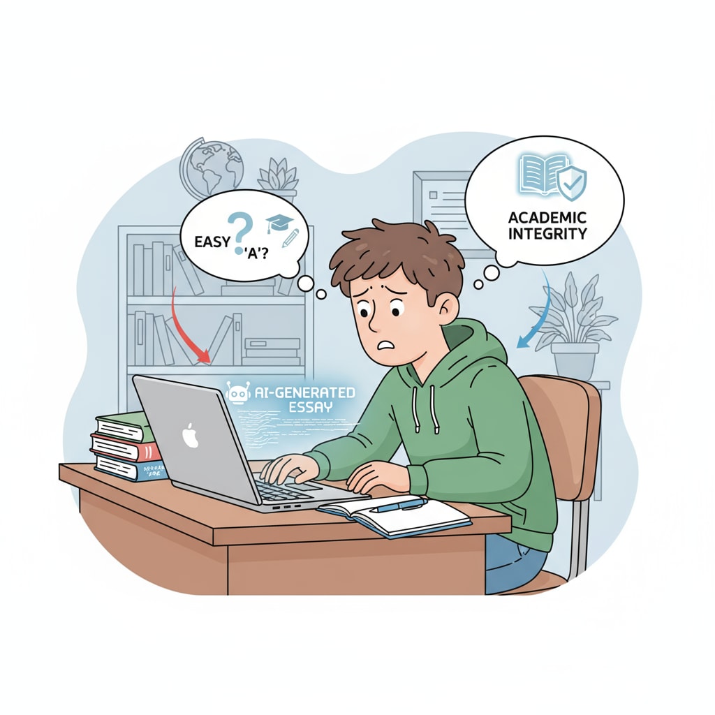 A single student is sitting at a desk with a laptop. The student has a confused expression on their face as they stare at the AI - generated text on the screen, torn between using it for an assignment and adhering to academic integrity. A K12 student facing moral dilemmas while using an AI tool on a laptop