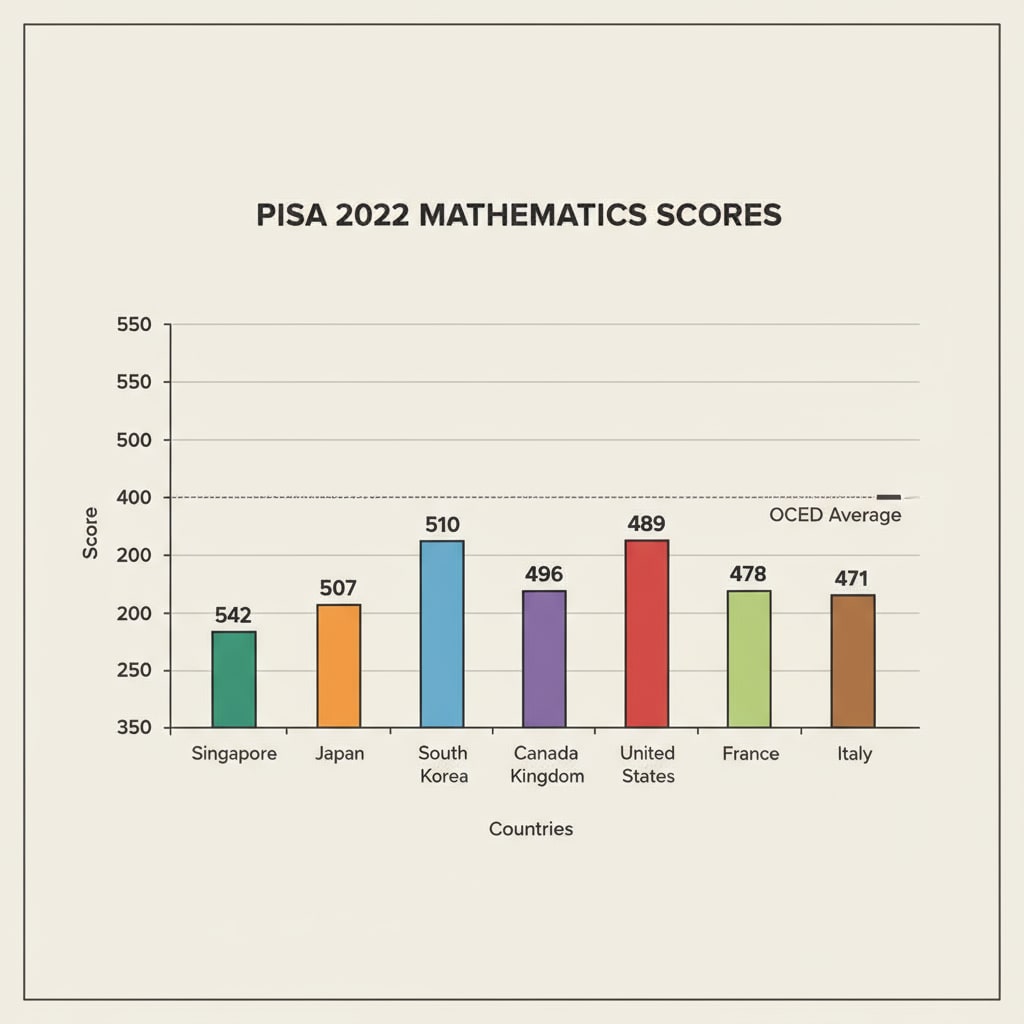 A graph presenting the PISA results of various countries in mathematics, showing the scores on the y-axis and countries on the x-axis. PISA results in mathematics for different countries