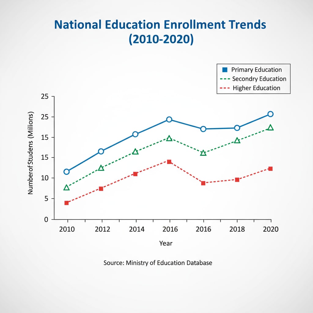 A chart showing the enrollment trends in a country's education database over a period of several years. Enrollment trends in a country's education database
