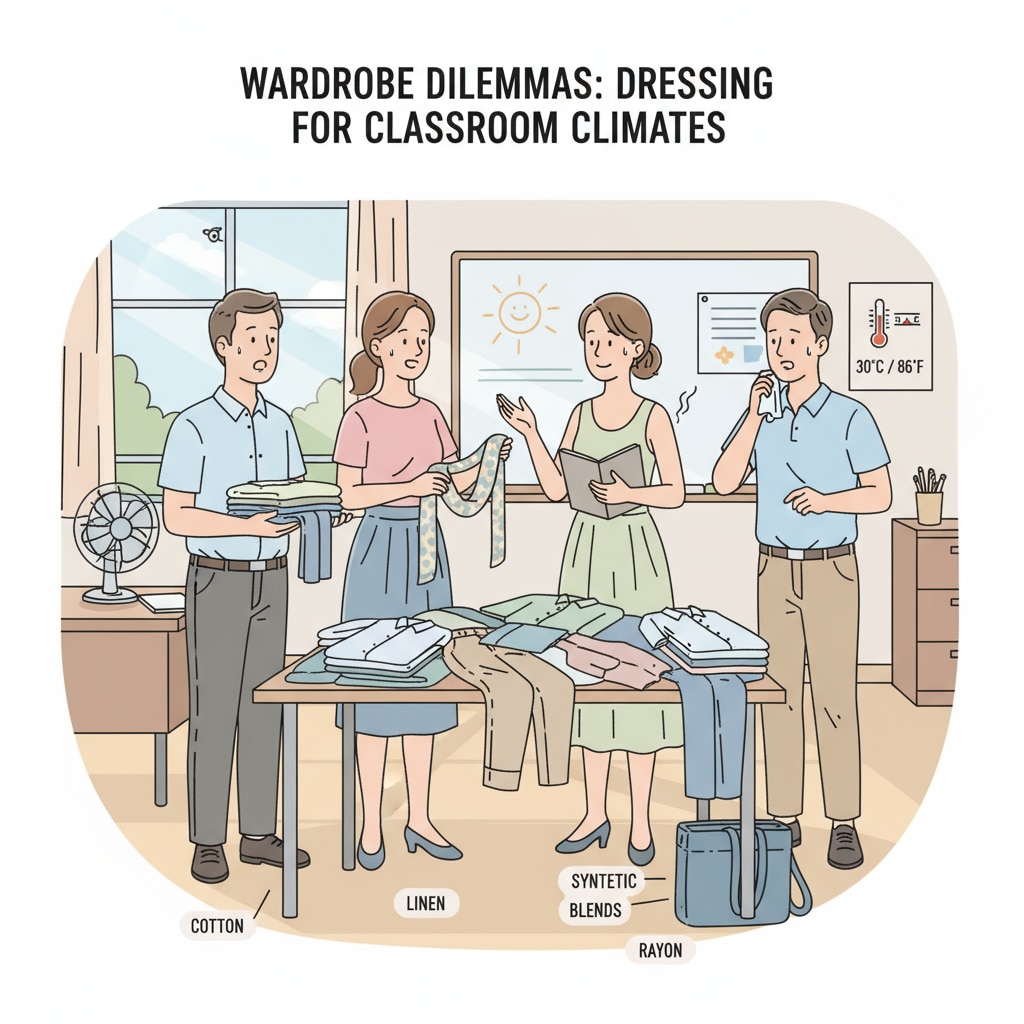 A group of teachers are seen in a classroom setting, engaged in a conversation. They are looking at various clothing items, trying to decide what to wear in the hot classroom environment. Teachers discussing appropriate clothing for hot classrooms without air conditioning