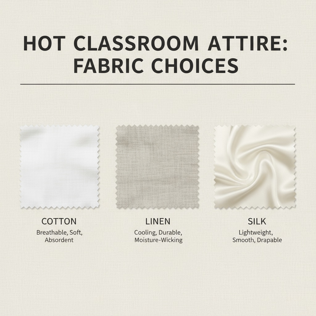 A display of fabric swatches, including cotton, linen, and silk, is presented. Each swatch is labeled, showing the different types of fabrics suitable for hot classroom attire. Fabric swatches for hot classroom clothing selection
