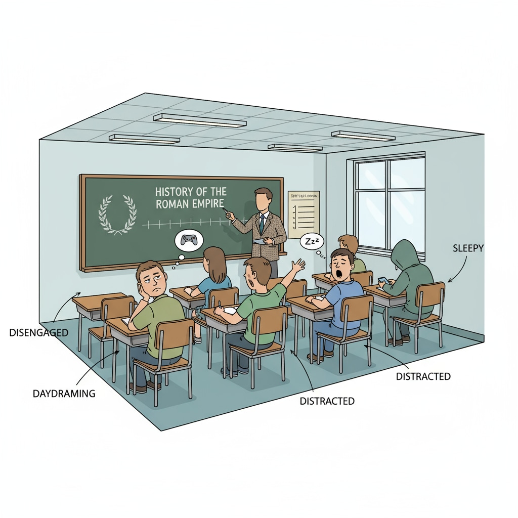 A classroom scene where students are sitting at desks. Some students have bored expressions on their faces, indicating that they are not actively learning despite being present in the classroom. This represents the problem of compulsory attendance not leading to actual learning. Classroom scene depicting the ineffectiveness of compulsory attendance without true learning in the context of compulsory learning, school systems, and student behavior
