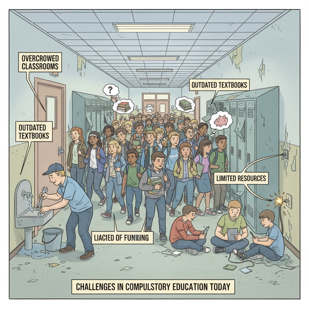 A school hallway filled with students walking in different directions. The crowded hallway gives an impression of a resource-strained environment in the school, highlighting the challenges faced by school systems due to the current state of compulsory education. School hallway scene showing the crowded and resource-strained environment related to compulsory learning, school systems, and student behavior