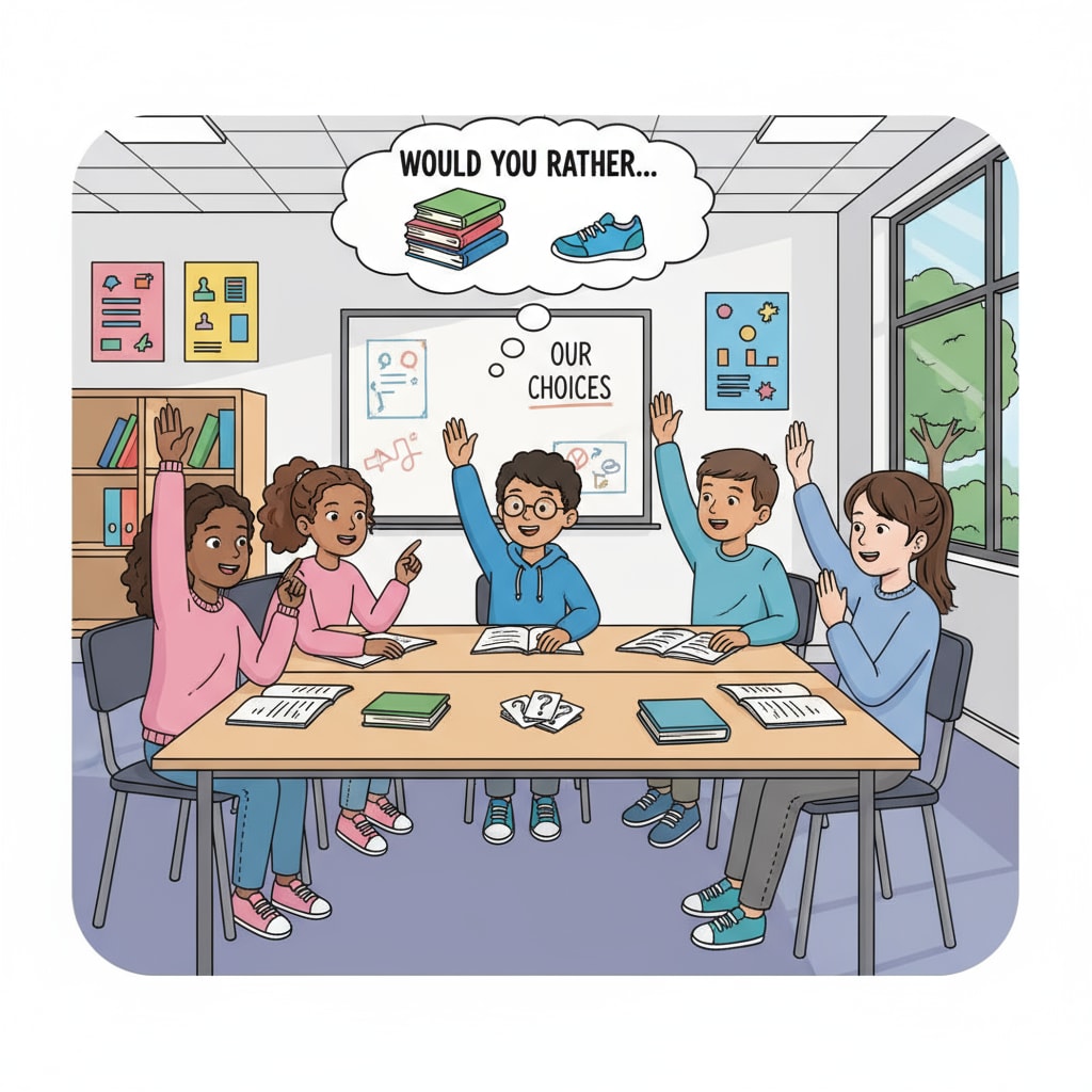 A group of students are sitting around a table, actively participating in a 'Would You Rather' game in a classroom. They are all engaged in the discussion, with some raising their hands to share their thoughts. Students participating in 'Would You Rather' educational game in a classroom