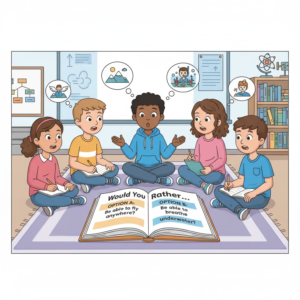 Students are gathered in a circle, discussing and analyzing the 'Would You Rather' options. They are having a lively conversation, with some jotting down notes as they talk. Students analyzing 'Would You Rather' options for language expression improvement