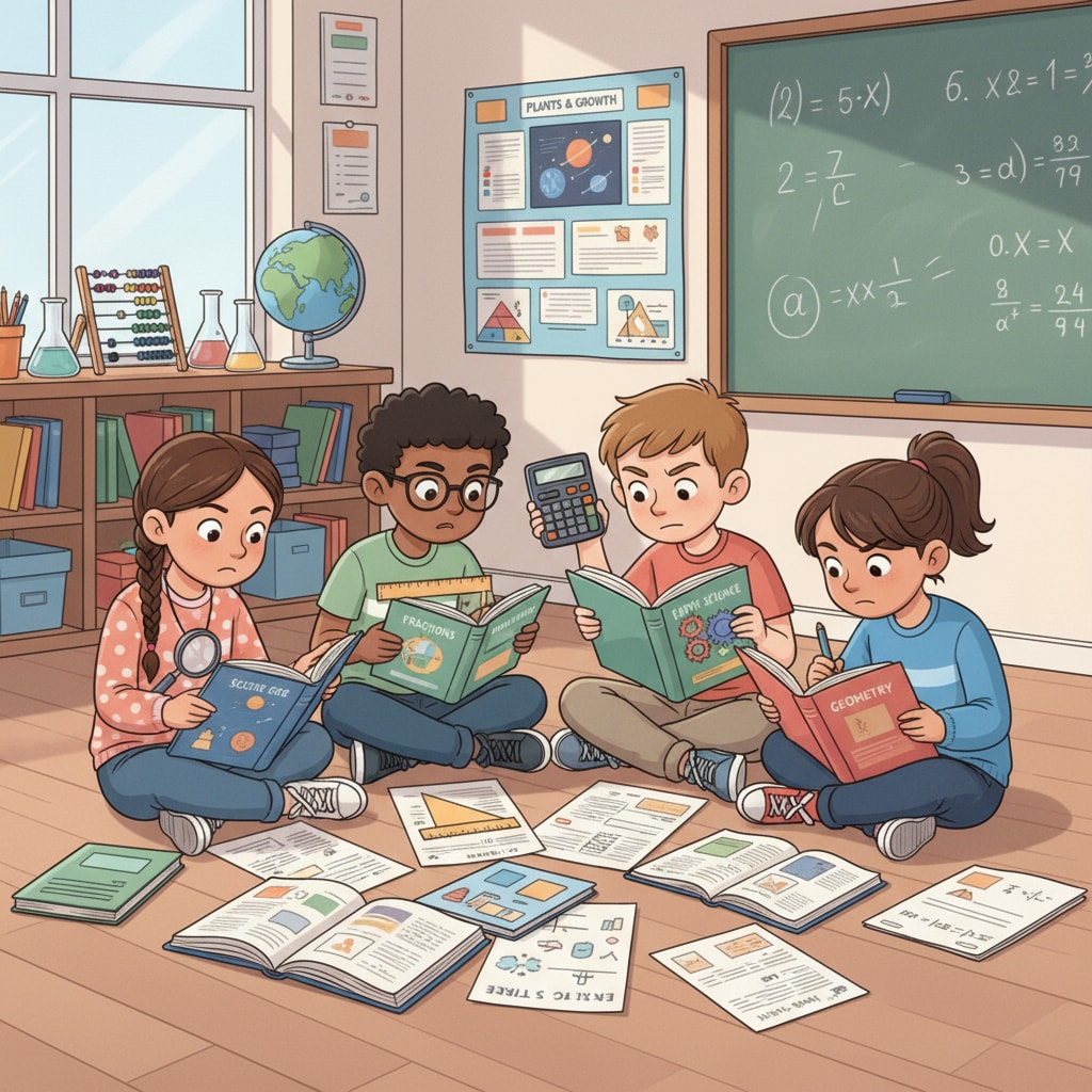 Class 3 students preparing for REET exam science and math with textbooks