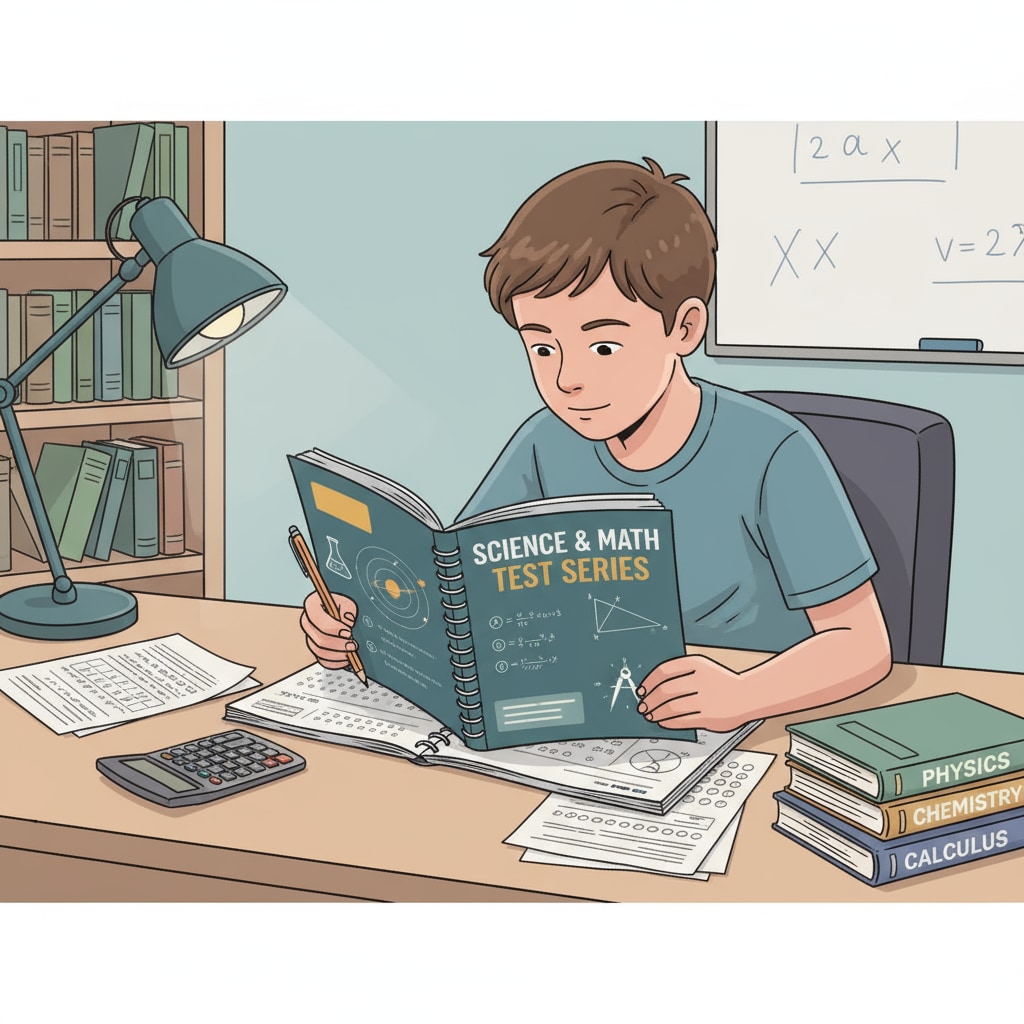 Student reviewing science and math test series booklet for REET exam