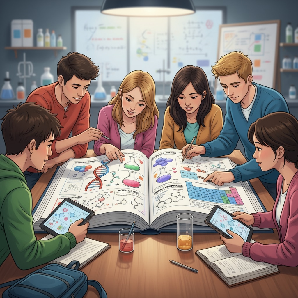 Students are gathered around a chemistry textbook. The textbook has colorful diagrams and illustrations related to chemical concepts. They are attentively looking at the pages, showing their interest in learning chemistry. K12 students showing interest in chemical knowledge for future career planning and interdisciplinary exploration