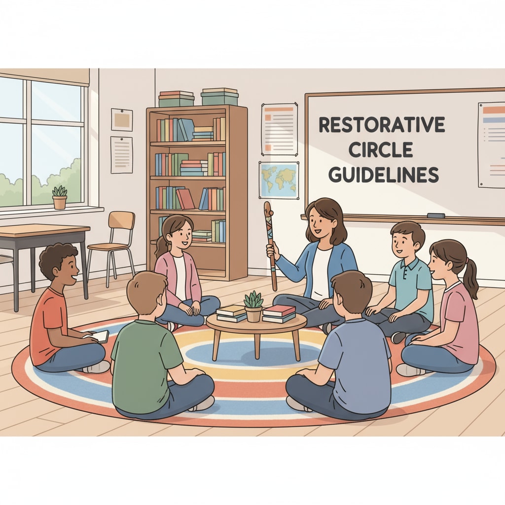 A group of students and a teacher are sitting in a circle, engaged in a discussion as part of a restorative discipline practice. Students and teacher in a restorative circle related to restorative discipline practices, parental demands, and school policies
