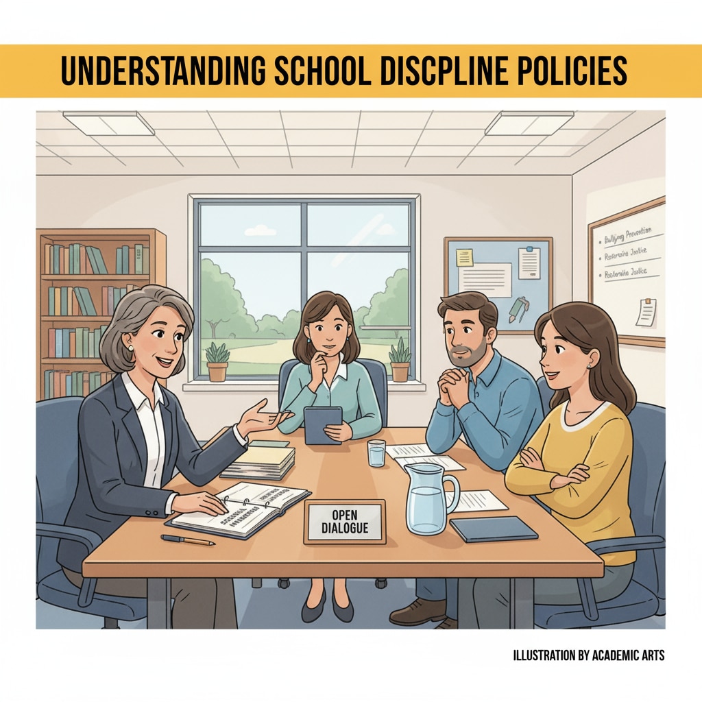 A school administrator is sitting across from a group of parents, having a conversation about school discipline policies. School administrator communicating with parents regarding restorative discipline practices, parental demands, and school policies