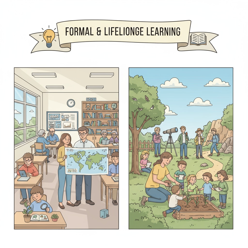 A group of students of different ages engaged in learning activities both in a classroom and outdoors, representing the blend of formal and lifelong learning A diverse group of learners combining formal and lifelong learning experiences
