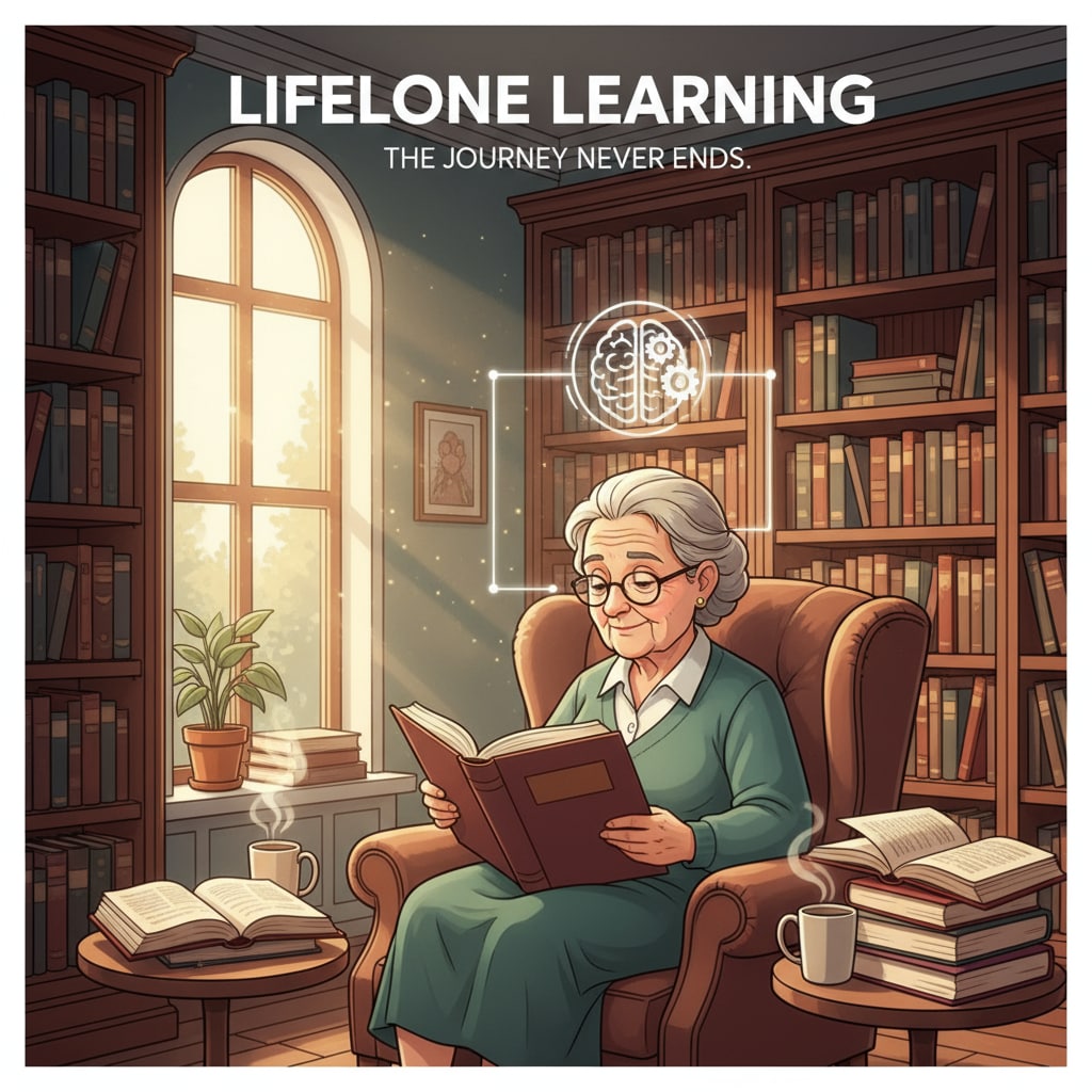 An elderly person reading a book in a library, demonstrating the concept of lifelong learning An elderly individual practicing lifelong learning by reading in a library