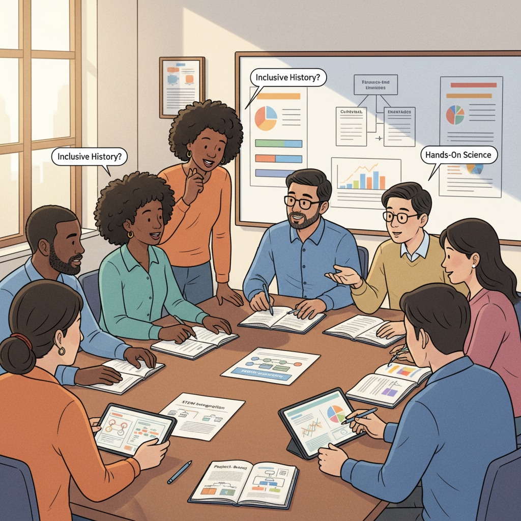 A group of non - white parents and teachers are having a discussion in a school meeting room. They are looking at some educational materials and seem to be in a deep conversation about curriculum design. Non - white parents and teachers discussing curriculum design in a school meeting room