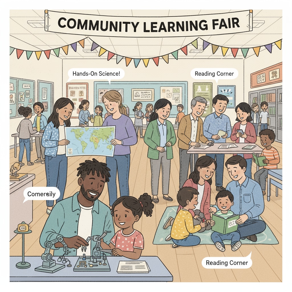 Non - white parents are attending a school event. They are interacting with teachers and other parents, looking interested and engaged in the activities related to their children's education. Non - white parents attending a school event related to educational engagement and curriculum design
