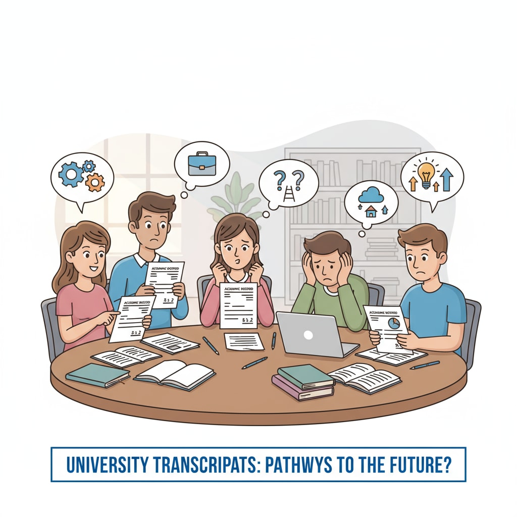 A group of students are gathered around a table, looking at their university transcripts. Some have expressions of hope, while others seem concerned about how their grades will impact their future employment. Students examining university transcripts in relation to post-graduation employment