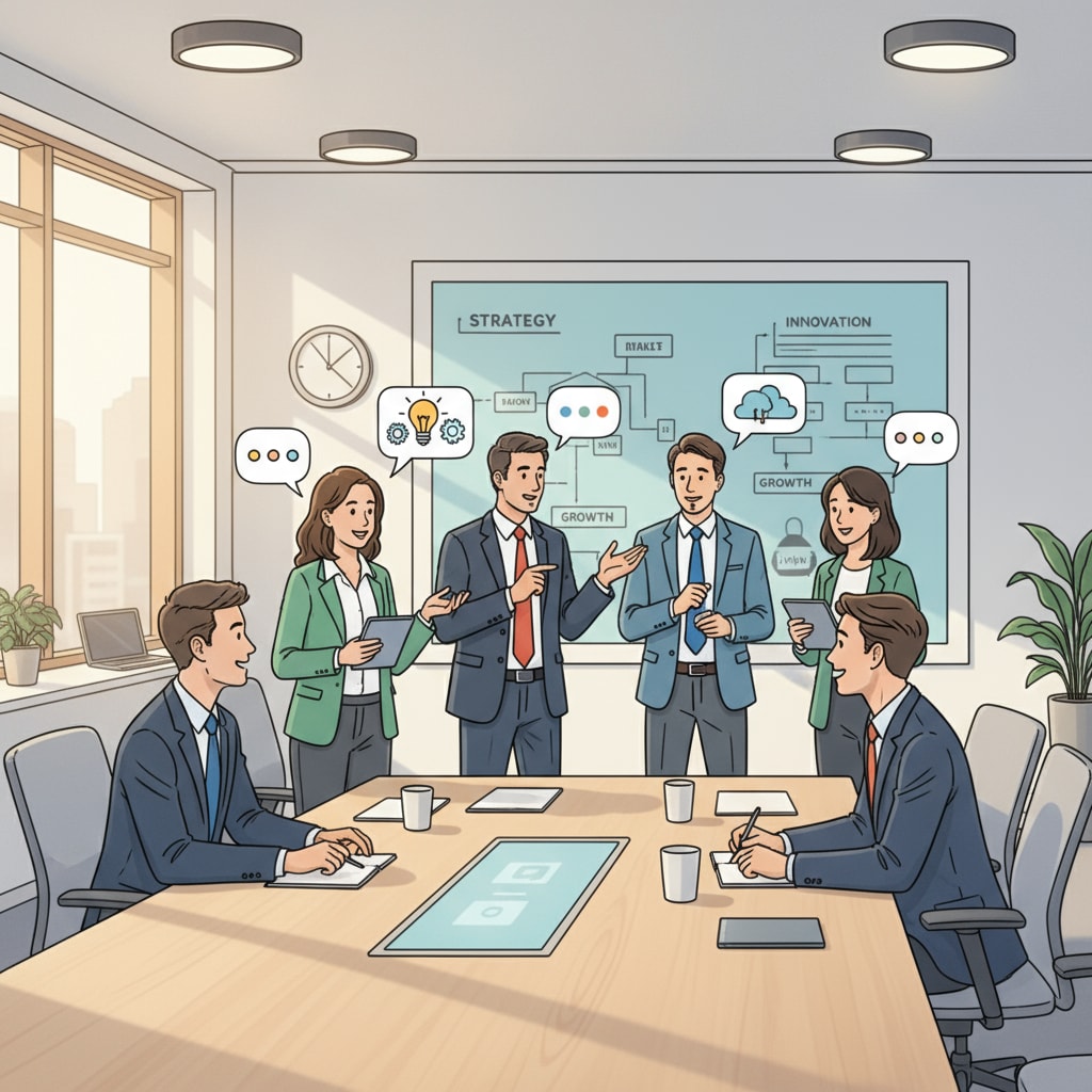 In a modern office setting, a group of employees are engaged in a business meeting. They are actively collaborating, sharing ideas, and communicating effectively, which are important skills valued by employers. Employees collaborating and communicating in a workplace relevant to post-graduation employment