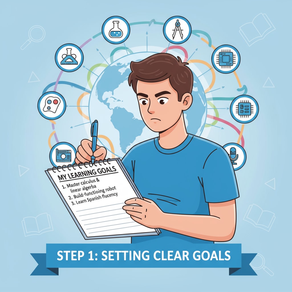 A student is seen writing down their learning goals on a notebook, with a pen in hand and a determined look on their face. This represents the first step in the multidisciplinary learning journey - setting clear goals. A student writing down learning goals related to multidisciplinary knowledge exploration