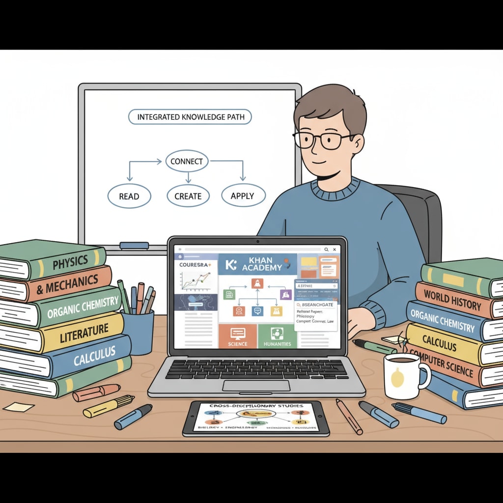 A student is sitting at a desk, surrounded by books of different subjects. There is a laptop open in front of them, showing various educational websites. This depicts the process of resource integration in multidisciplinary learning. A student integrating resources for multidisciplinary knowledge learning