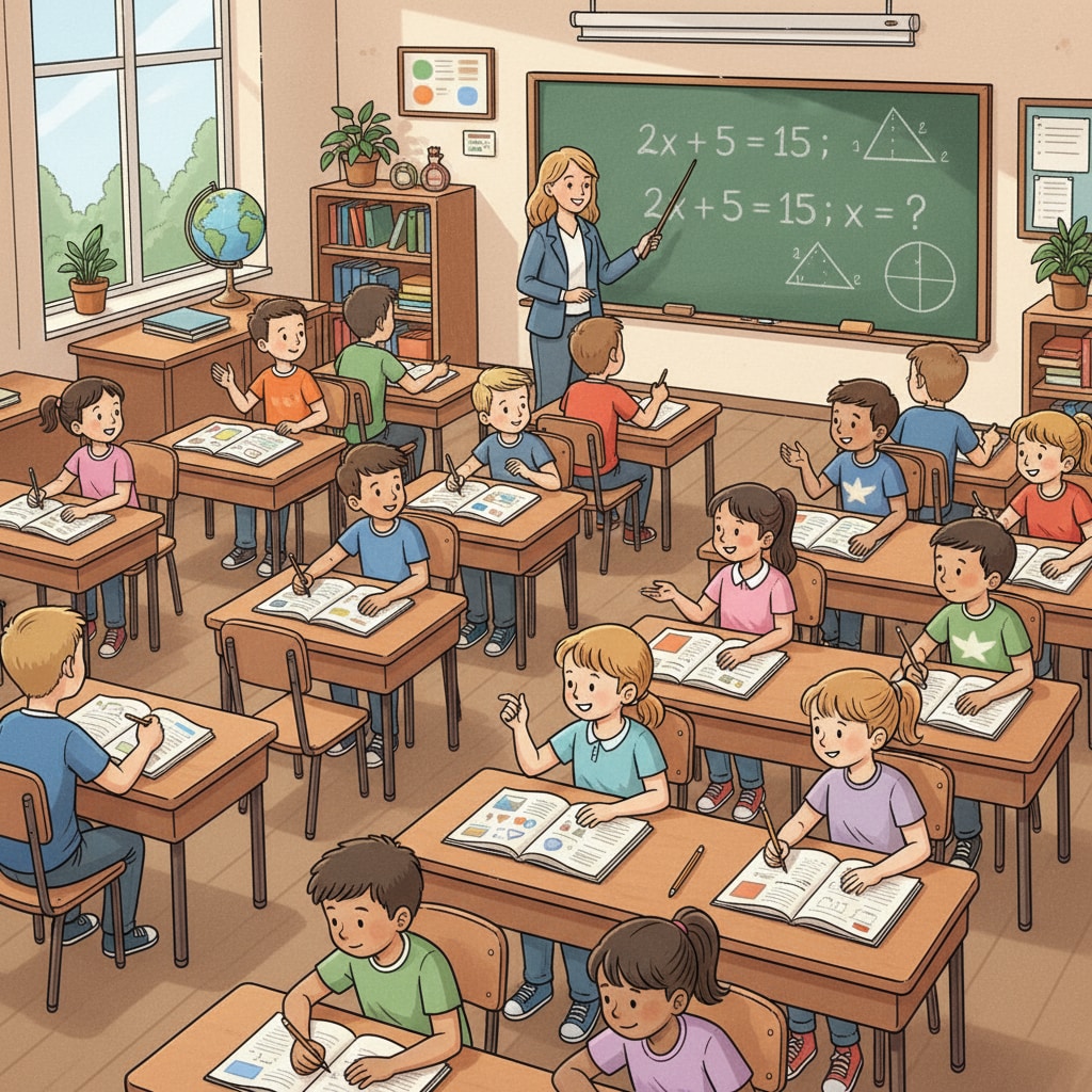 A classroom scene with students sitting at desks, looking at math textbooks. Some students are taking notes, while others are engaged in discussions. The teacher is standing in front of the board, pointing at a math problem. Classroom scene related to mathematics education, highlighting the study of advanced math and its practicality.