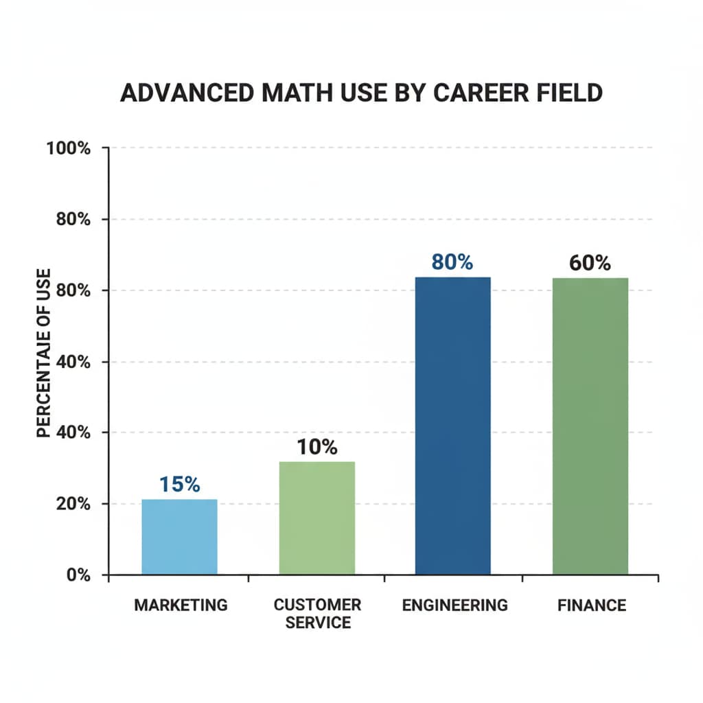 A bar graph comparing the percentage of use of advanced math in different career fields such as marketing, customer service, engineering, and finance. The bars for non-technical fields are much lower than those for technical ones. Graph showing the decreasing use of advanced math in different career fields, related to the practicality of mathematics education.