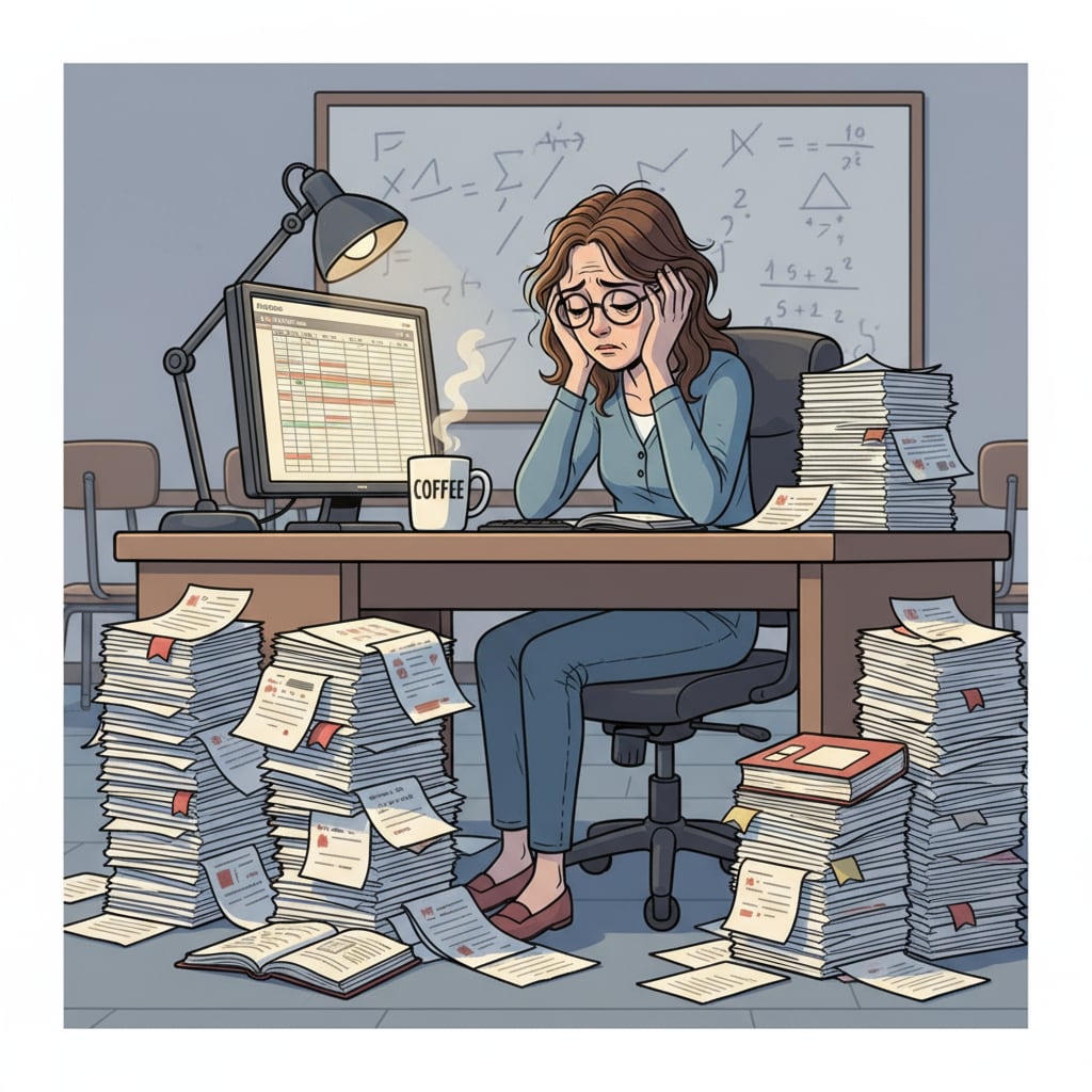 A teacher sitting at a desk, surrounded by stacks of papers and a computer, looking stressed A stressed teacher, showing the challenges affecting work support and teaching enthusiasm