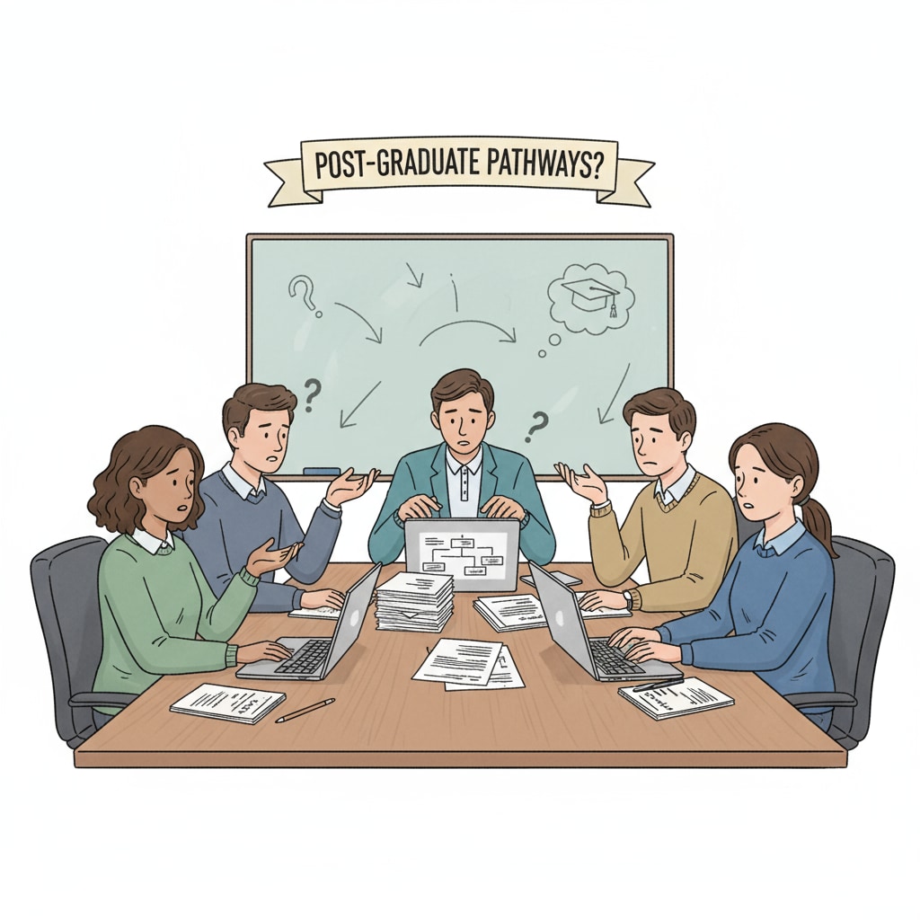 A group of liberal arts graduates is sitting around a table, looking a bit worried as they talk about their career choices, with papers and laptops in front of them. Liberal arts graduates discussing their employment dilemmas and potential career transitions