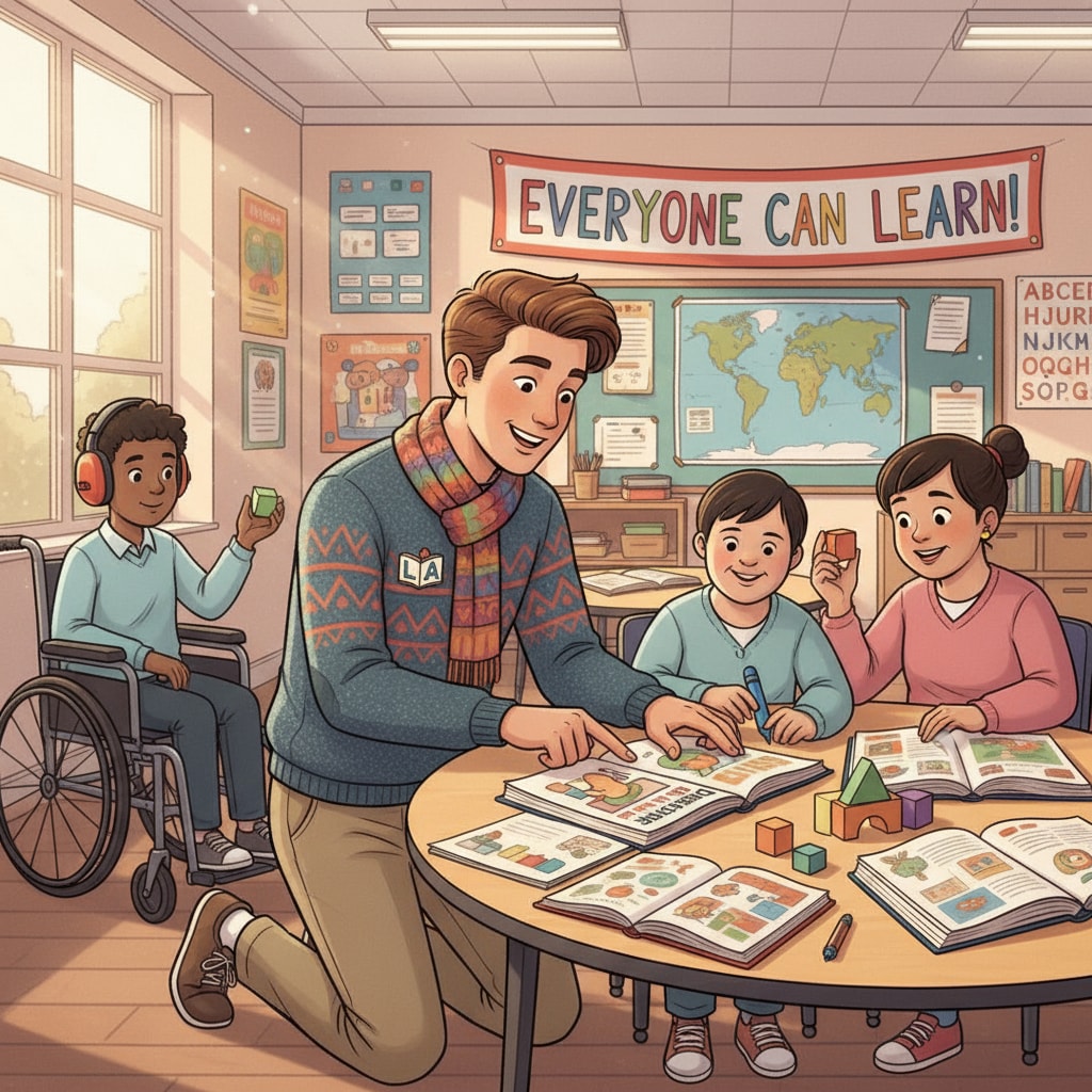 A young liberal arts graduate is smiling while working with a small group of special education students in a colorful classroom, helping them with a learning activity. A liberal arts graduate making a career transition to special education and interacting with students