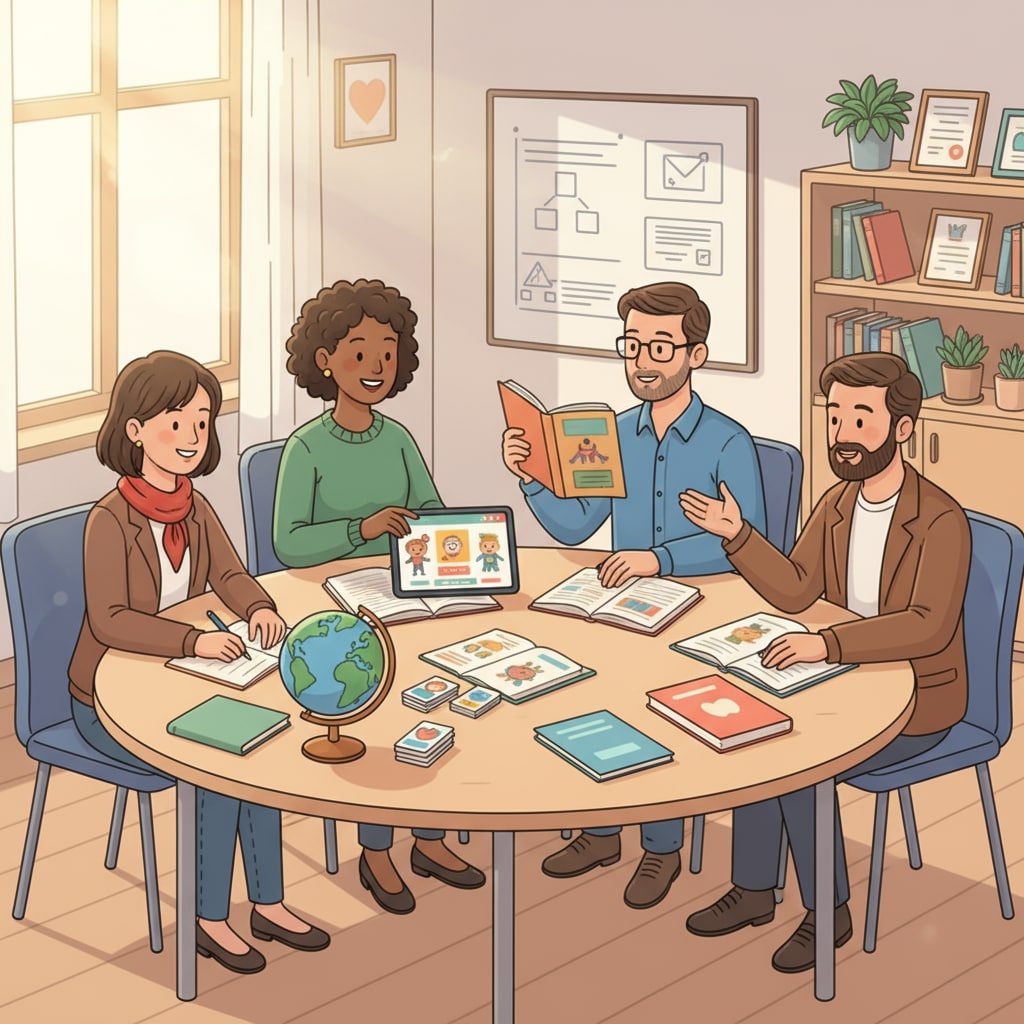 A group of teachers are sitting around a table in a meeting room, discussing and looking at educational technology materials. Teachers discussing educational technology to relieve workload and enhance teaching experience