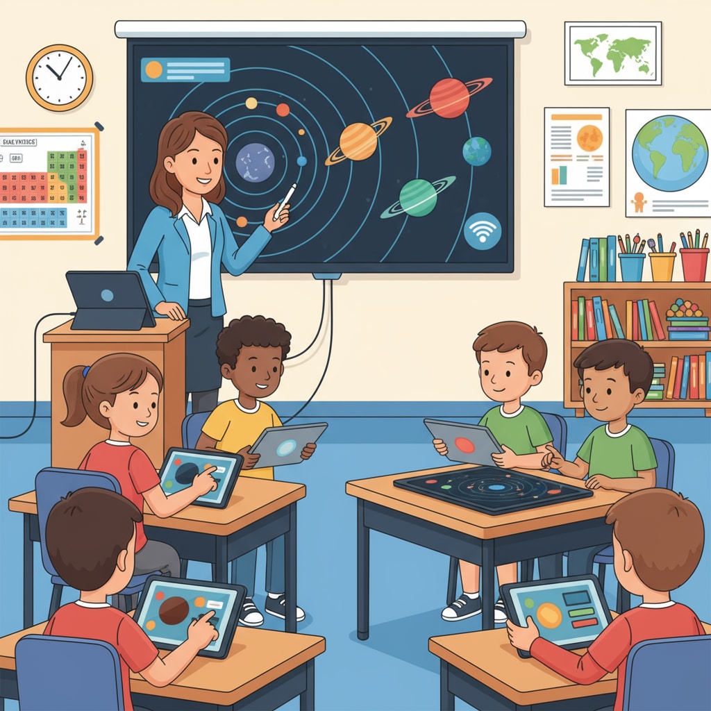 In a classroom, teachers are using tablets and projectors, which are educational technology tools, to teach students. Teachers using educational technology in the classroom for better teaching experience