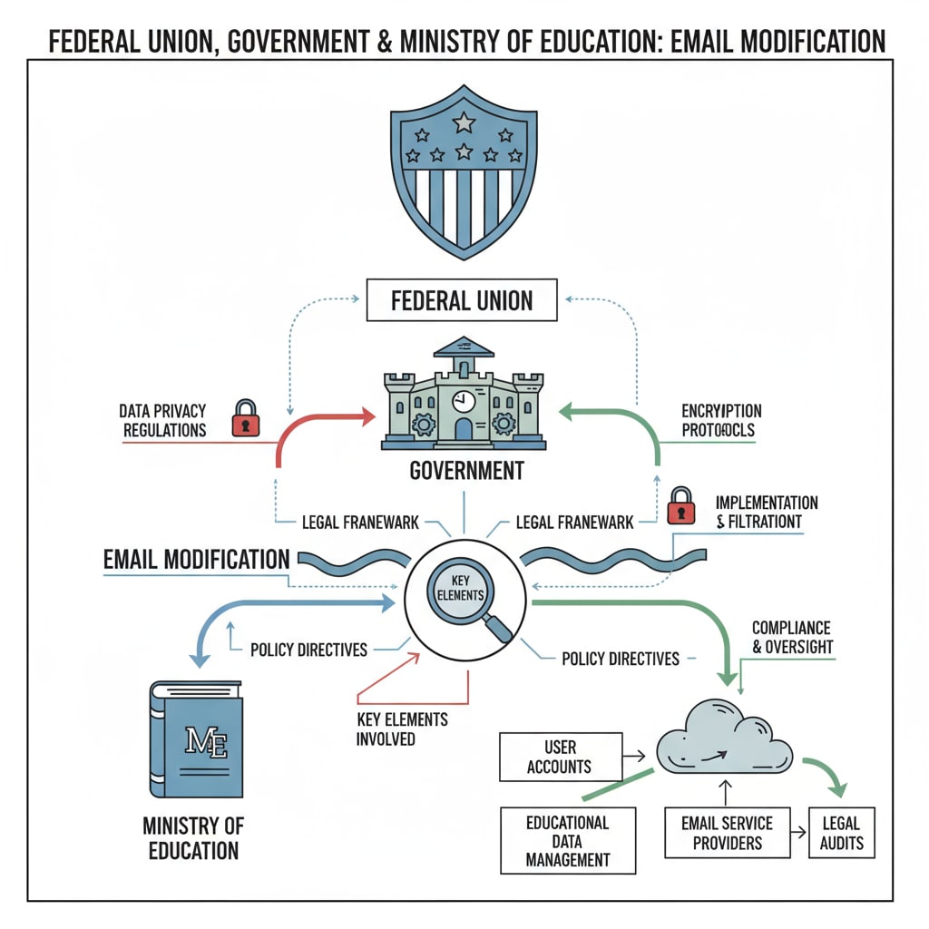 This illustration shows the complex relationship among the federal union, the government, and the Ministry of Education in the context of email modification, highlighting the key elements involved. Illustration of the relationship between federal union, government, and Ministry of Education regarding email modification