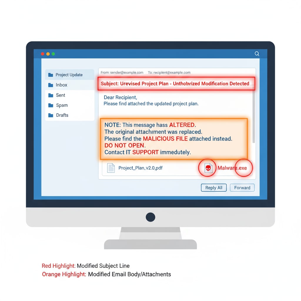 This picture shows an email interface with certain parts highlighted to represent the modified content, making it clear what the unauthorized email modification looks like. Picture of an email interface with highlighted modified parts