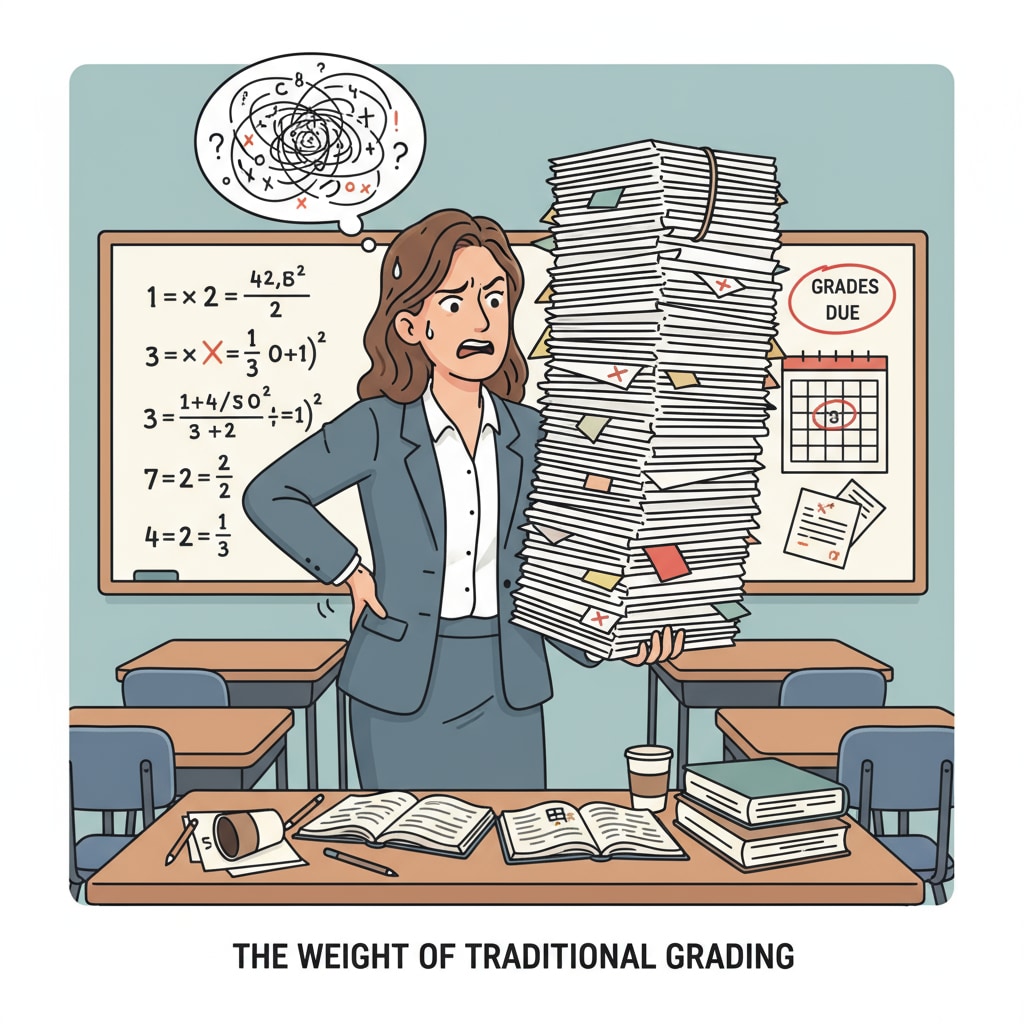 A teacher is shown looking stressed while dealing with a large stack of math assignment papers, highlighting the burden of traditional grading. A teacher struggling with a large pile of math papers, representing the inefficiency of traditional grading and the need for AI math grading tools to improve teachers' working hours and efficiency.
