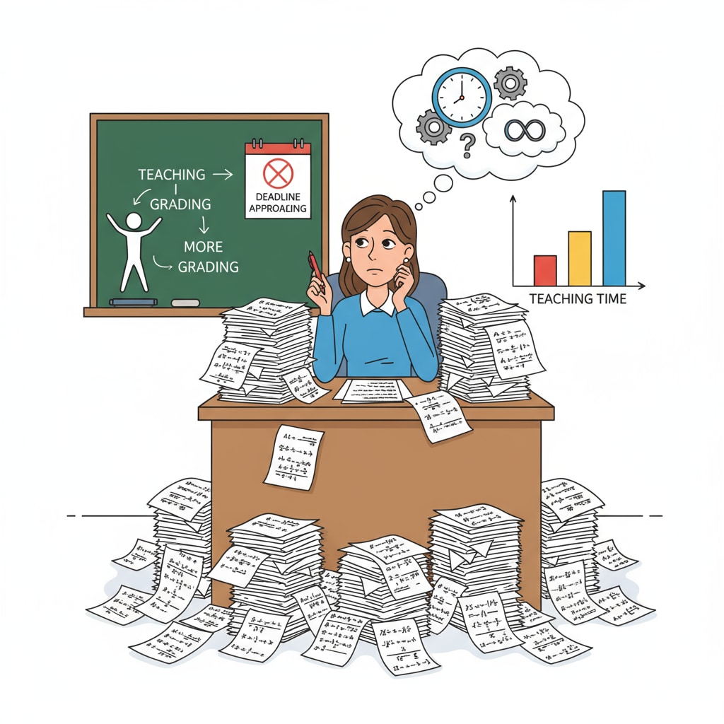 A teacher is sitting at a desk with a mountain of ungraded math papers around, emphasizing the time-consuming nature of traditional grading methods. A teacher surrounded by ungraded math papers, depicting the workload associated with traditional grading and the potential of AI math grading tools to boost teachers' efficiency.