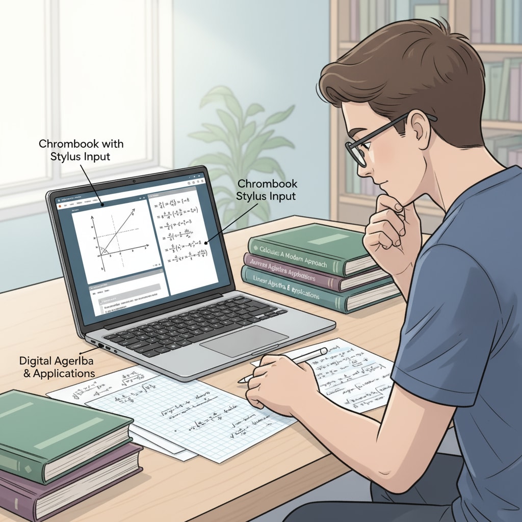 A student is sitting at a table, using a Chromebook to work on math exercises. There are some math textbooks and papers beside the Chromebook. A student using a Chromebook for math practice during home tutoring