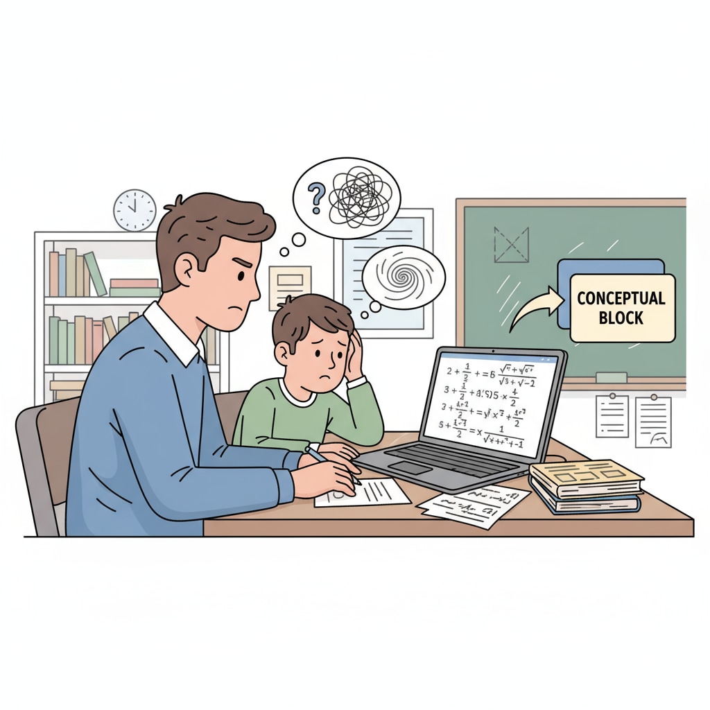 A parent is sitting next to a child, looking confused while trying to help the child solve a math problem on the Chromebook screen. A parent facing challenges in helping a child with math on a Chromebook during home tutoring