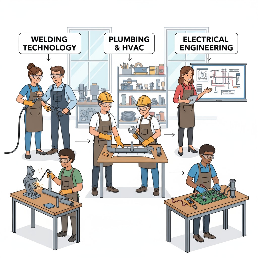 Students are engaged in hands-on learning in a vocational training workshop, practicing skills related to a specific trade. Vocational training students learning practical skills for better employment prospects