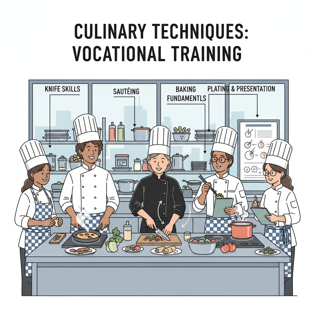 A group of students are actively involved in a culinary class, learning cooking techniques as part of their vocational training. Vocational students learning culinary skills for a promising career