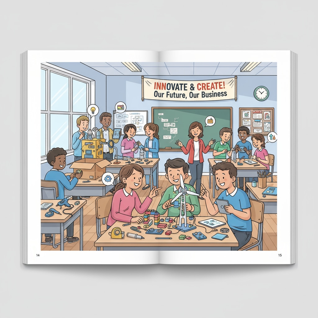 A classroom scene shows students working together on hands-on projects, discussing ideas, and using various materials to create something new. This represents practical learning in an educational setting related to cultivating entrepreneurial spirit. Classroom scene of practical learning for entrepreneurial education reform