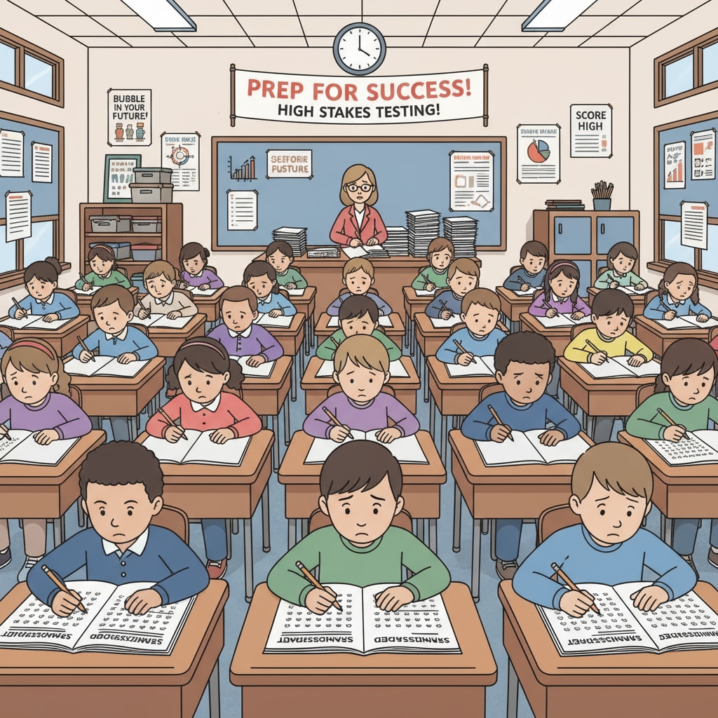 Students are sitting at desks, concentrating on answering questions on a standardized test paper. This depicts the common situation in the current K-12 education system that overemphasizes standardized tests. Students taking a standardized test in the K-12 education system
