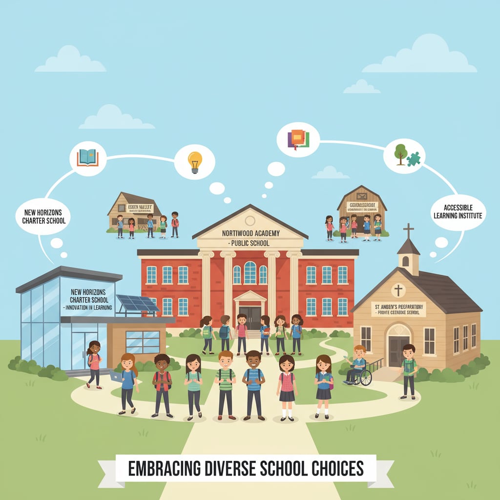 A group of students walking into different schools, symbolizing the various options available in school choice programs. Students exercising school choice, a concept closely related to conservatives' views on education policy.