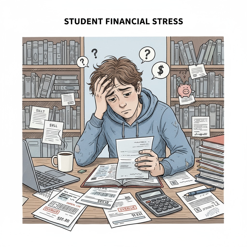 A student is sitting at a desk, surrounded by books and bills, looking stressed, symbolizing the challenges faced by students with financial difficulties. Stressed student with books and bills representing financial hardship