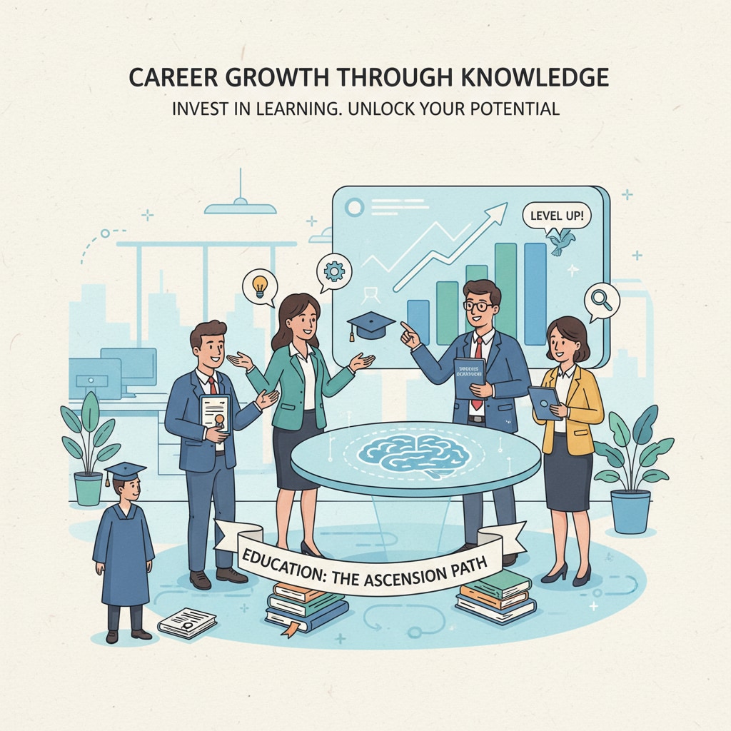 A group of professionals are engaged in a discussion in a modern office environment. This scene represents the importance of education in helping individuals progress in their careers. Professionals discussing the significance of education requirements for career development and the role of continuing education