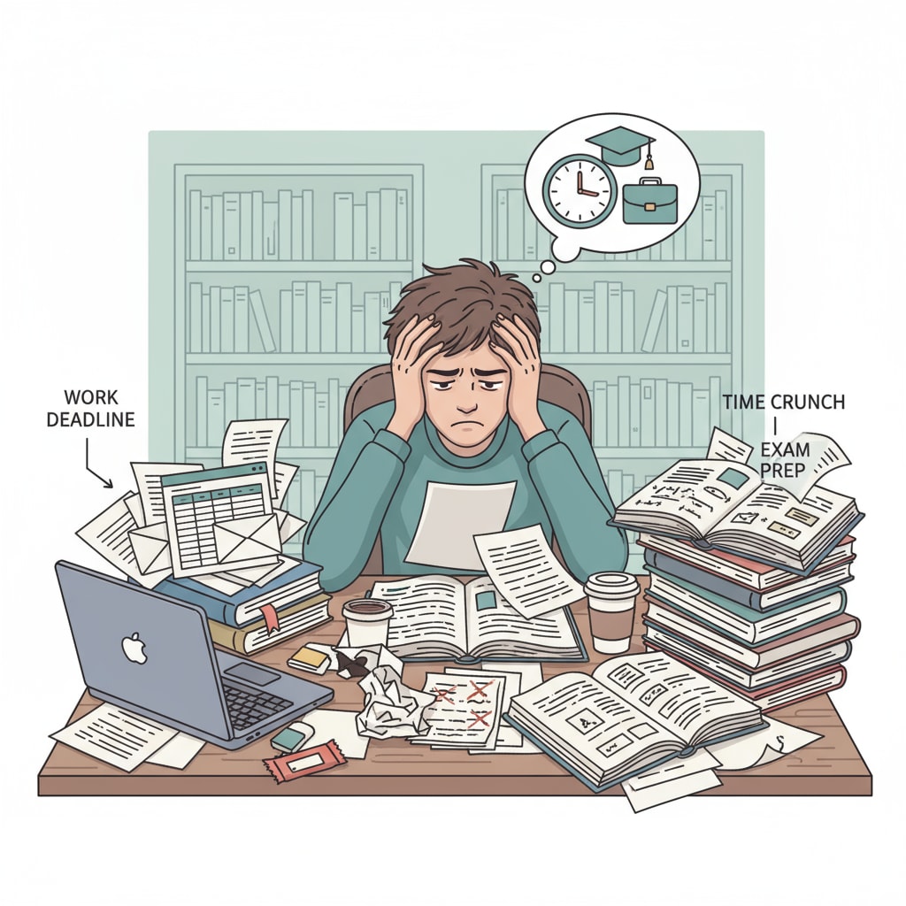 A person is sitting at a desk, surrounded by work documents and study materials. The person looks stressed, depicting the struggle of trying to balance work and study. A person facing the challenges of education requirements, career development pressure, and the difficulties of continuing education while working