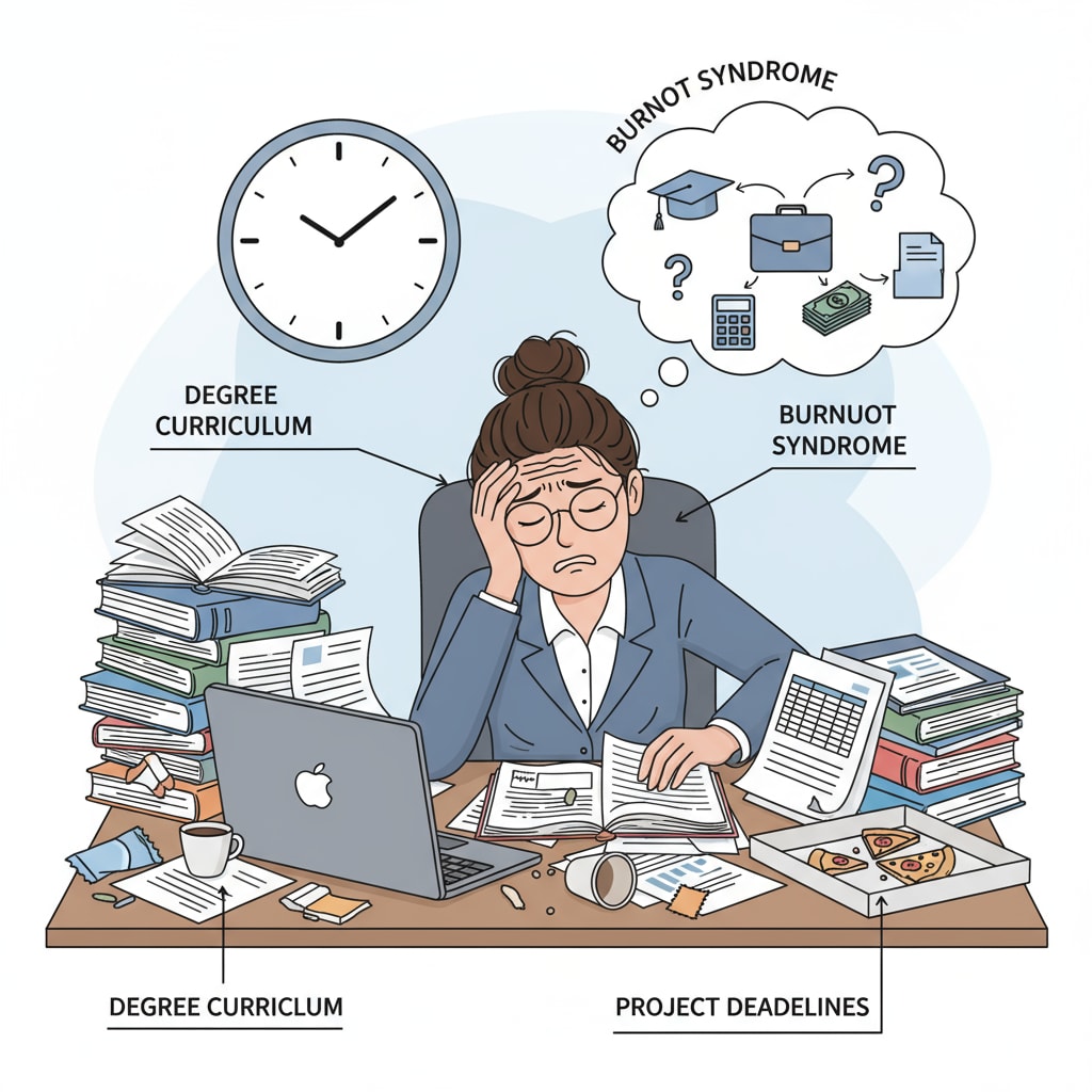 A person is sitting at a desk, looking stressed as they try to manage their work documents and study materials for a degree simultaneously. Person struggling to balance work and University of Phoenix degree studies for career growth